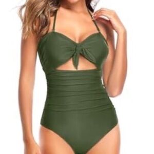 Olive Green Twist Front One-Piece Swimsuit